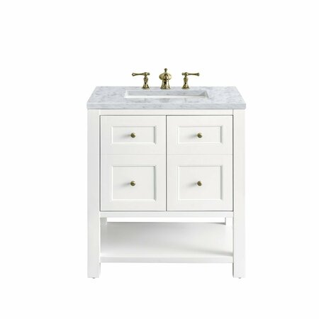 JAMES MARTIN VANITIES Breckenridge 30in Single Vanity, Bright White w/ 3 CM Carrara Marble Top 330-V30-BW-3CAR